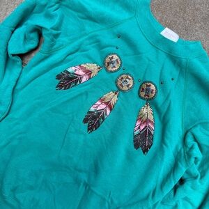 Vintage Sweatshirt Womens Large Teal Southwestern Dreamcatcher Feathers